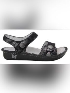 Alegria Vienna Adjustable Sandal in Black Smolder Metallic Leather, Size 10 GUC